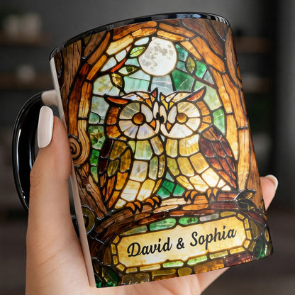 Two Owls In Love Under The Moonlight Stained Glass Design