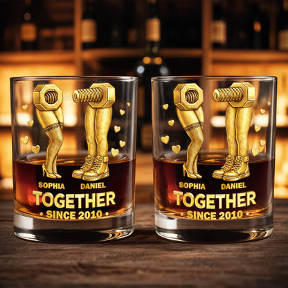 Together Since Nut And Bolt Design With Sexy Legs And Hearts - Personalized Custom Whiskey Glass - CPL1403_RWG