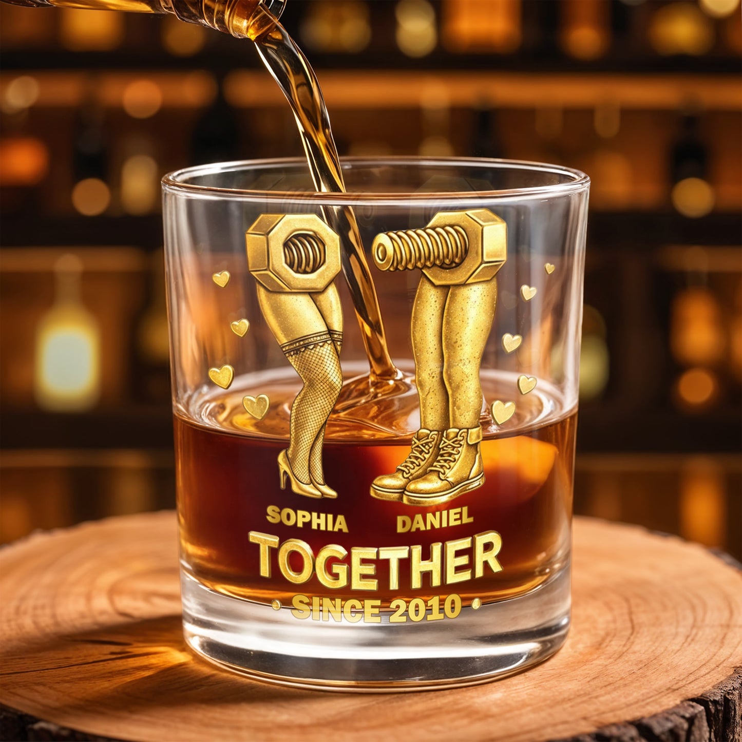 Together Since Nut And Bolt Design With Sexy Legs And Hearts - Personalized Custom Whiskey Glass - CPL1403_RWG