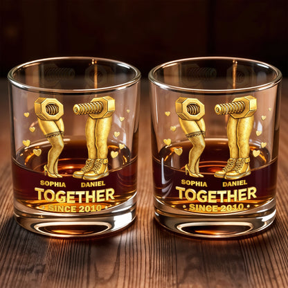 Together Since Nut And Bolt Design With Sexy Legs And Hearts - Personalized Custom Whiskey Glass - CPL1403_RWG