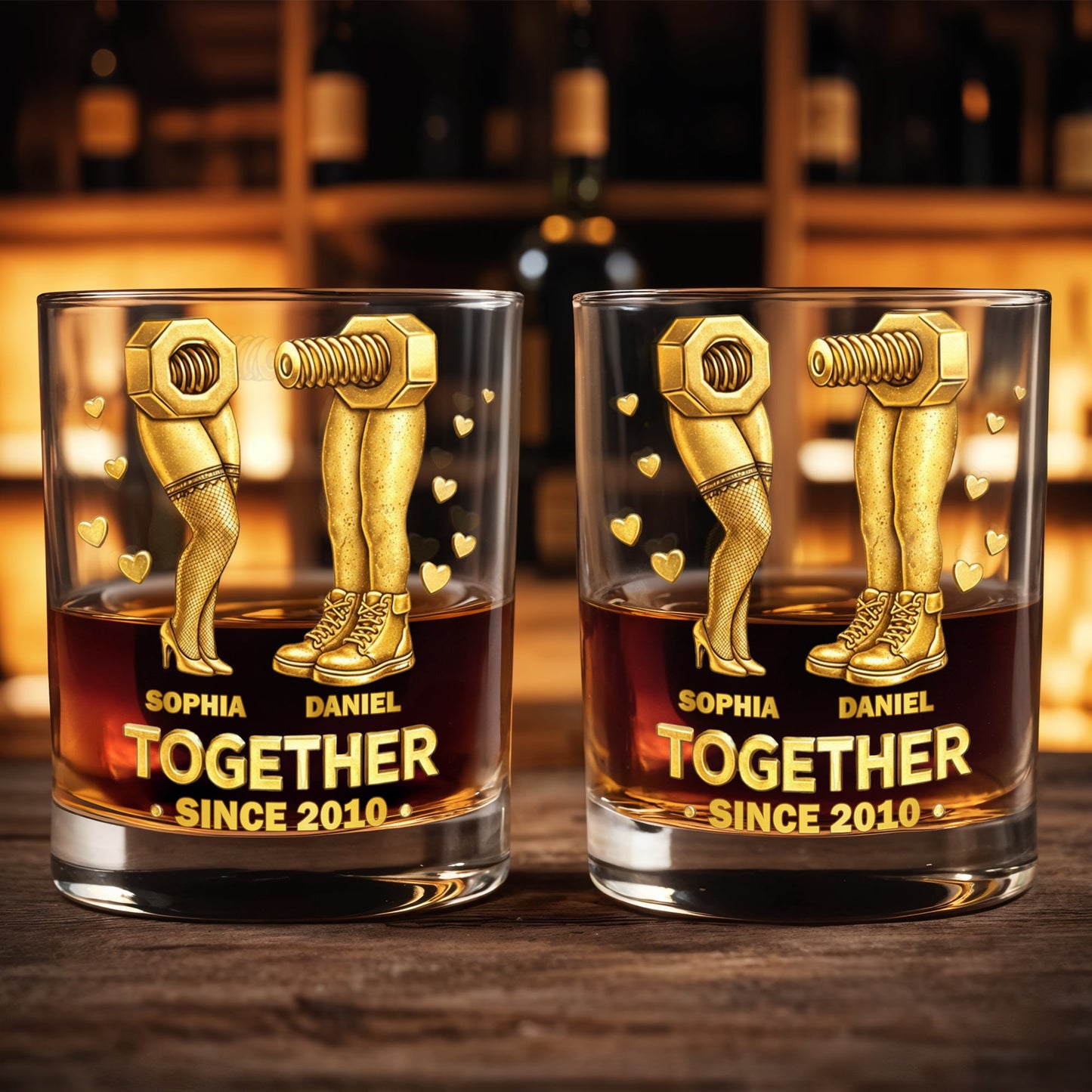 Together Since Nut And Bolt Design With Sexy Legs And Hearts - Personalized Custom Whiskey Glass - CPL1403_RWG