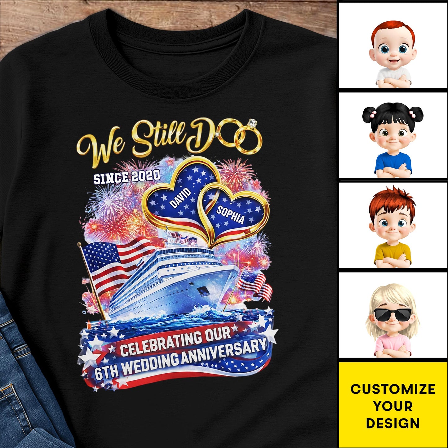 We Still Do Wedding Anniversary Cruise Ship With American Flag And Hearts - Personalized Custom Unisex T-shirt, Hoodie - CPL1412_BBAS