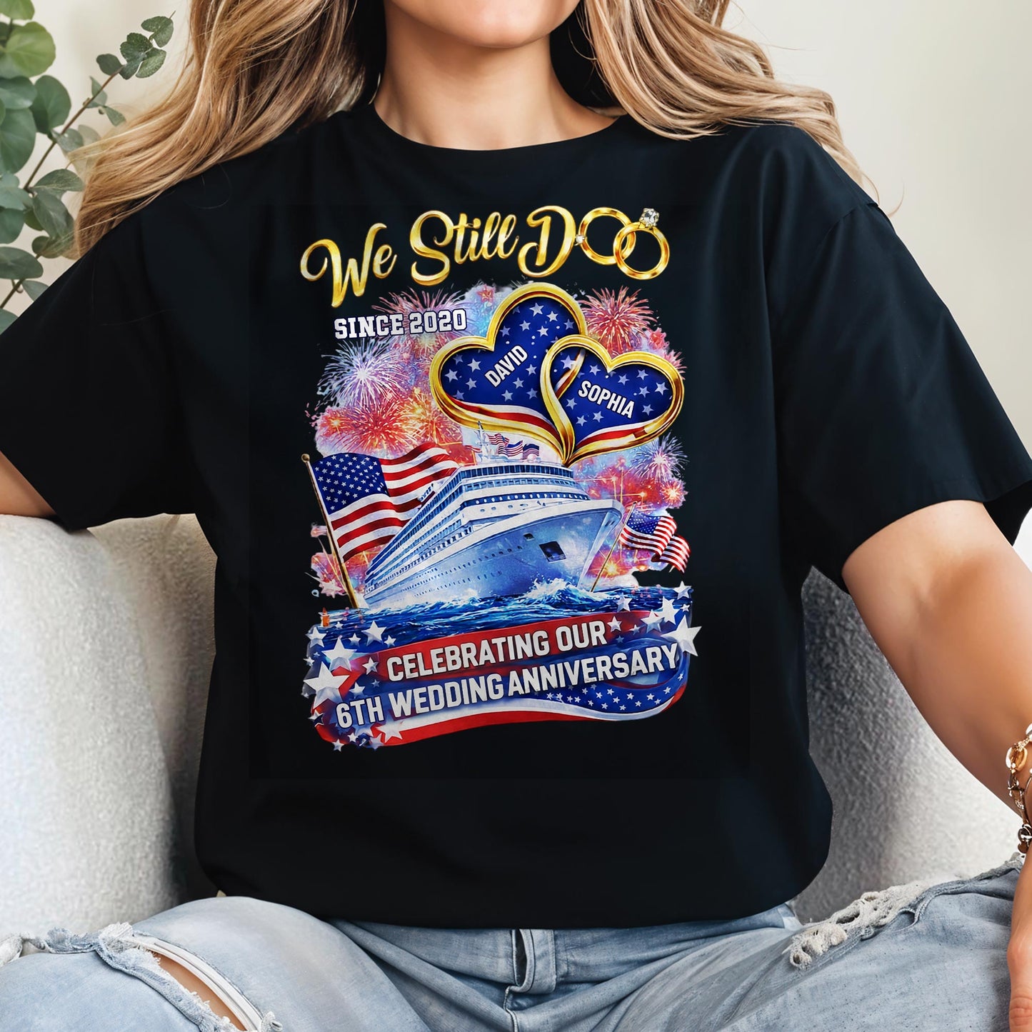 We Still Do Wedding Anniversary Cruise Ship With American Flag And Hearts - Personalized Custom Unisex T-shirt, Hoodie - CPL1412_BBAS