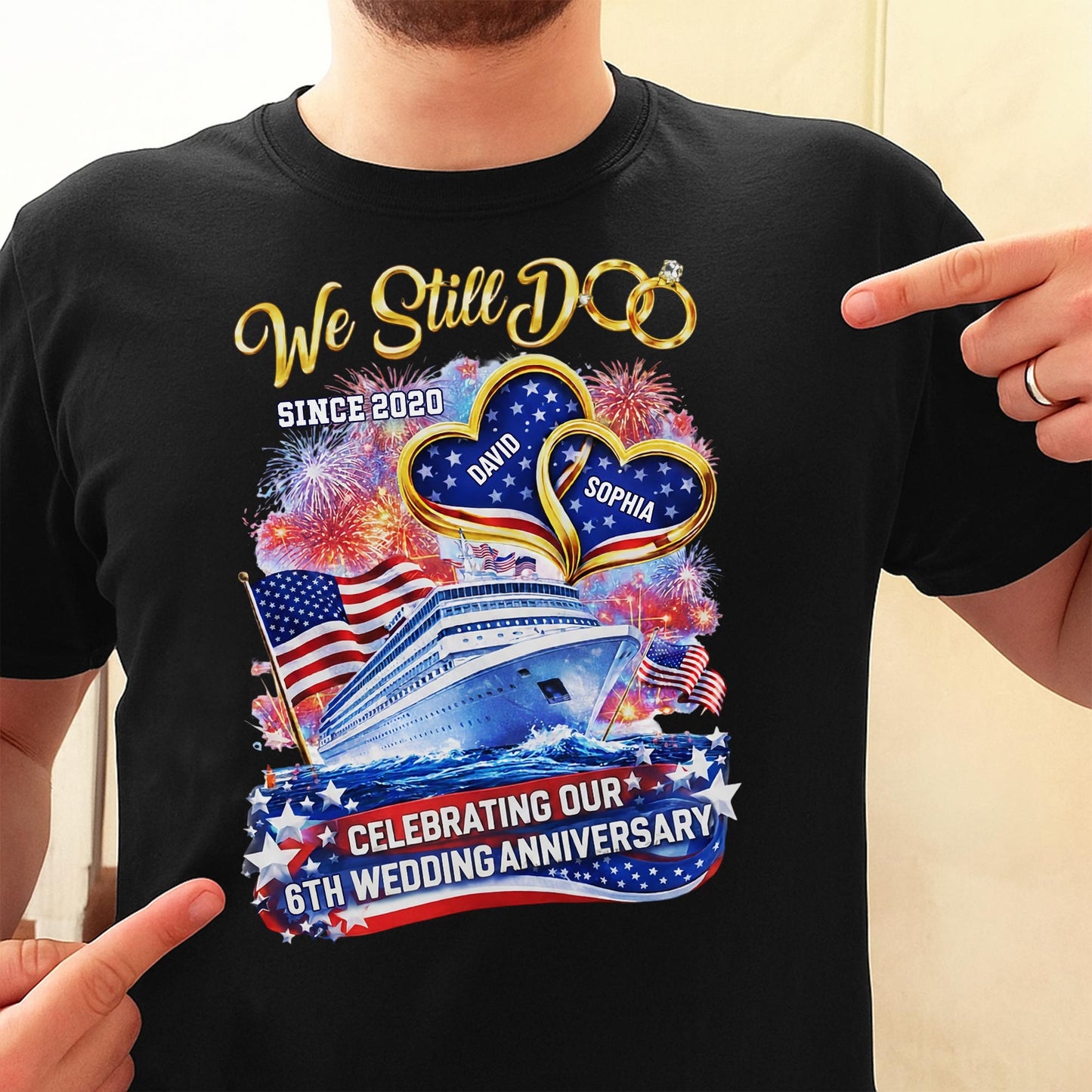 We Still Do Wedding Anniversary Cruise Ship With American Flag And Hearts - Personalized Custom Unisex T-shirt, Hoodie - CPL1412_BBAS