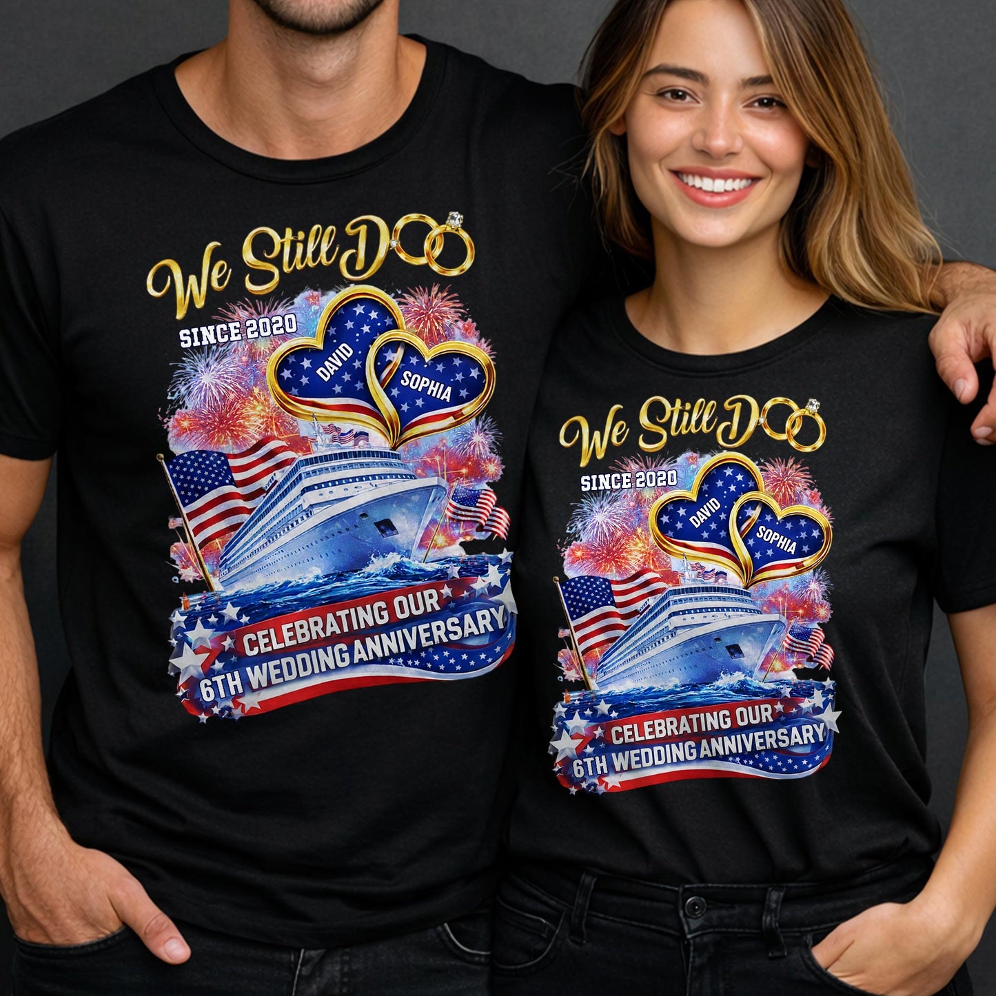 We Still Do Wedding Anniversary Cruise Ship With American Flag And Hearts - Personalized Custom Unisex T-shirt, Hoodie - CPL1412_BBAS