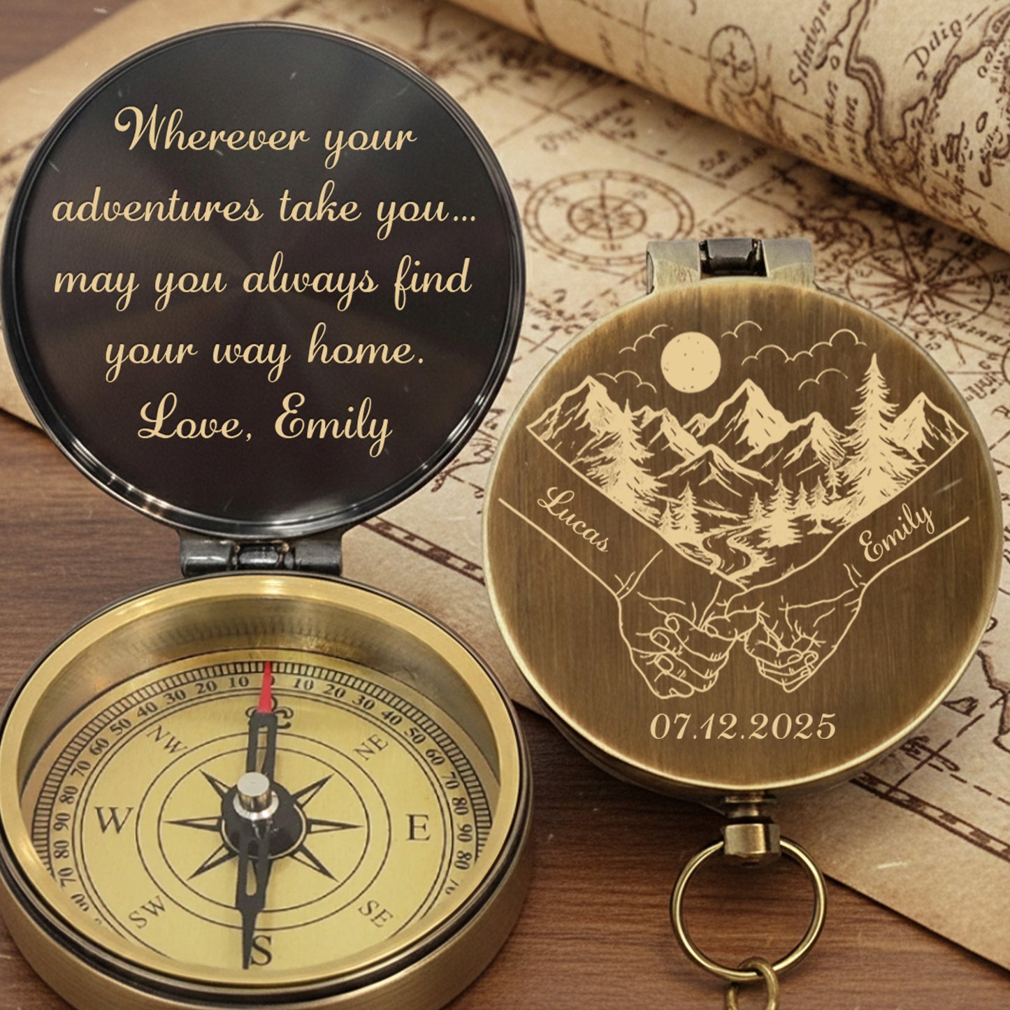 Wherever Your Adventures Take You Holding Hands Mountain Forest Scene - Personalized Engraved Brass Compass - CPL1413_ECPASS