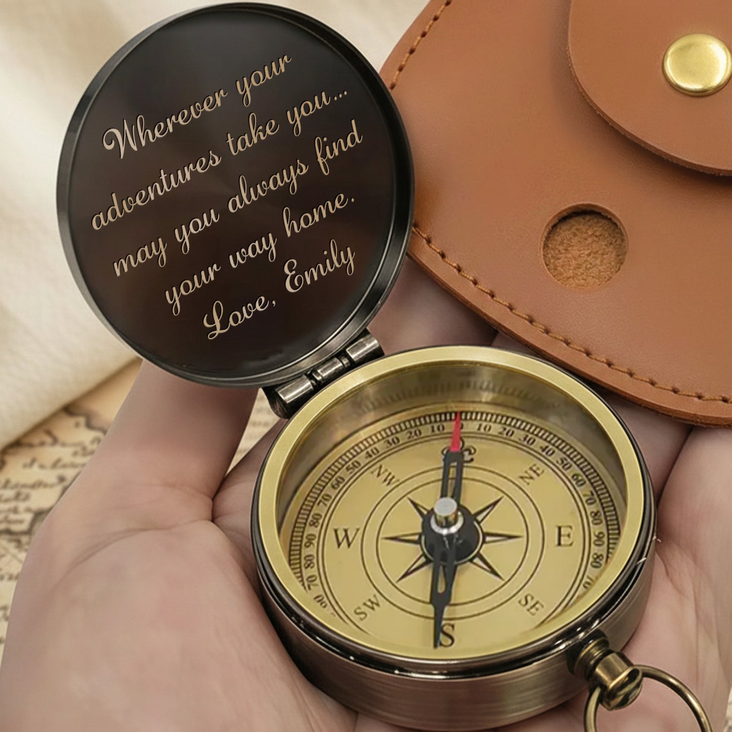 Wherever Your Adventures Take You Holding Hands Mountain Forest Scene - Personalized Engraved Brass Compass - CPL1413_ECPASS