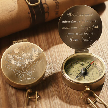 Wherever Your Adventures Take You Holding Hands Mountain Forest Scene - Personalized Engraved Brass Compass - CPL1413_ECPASS