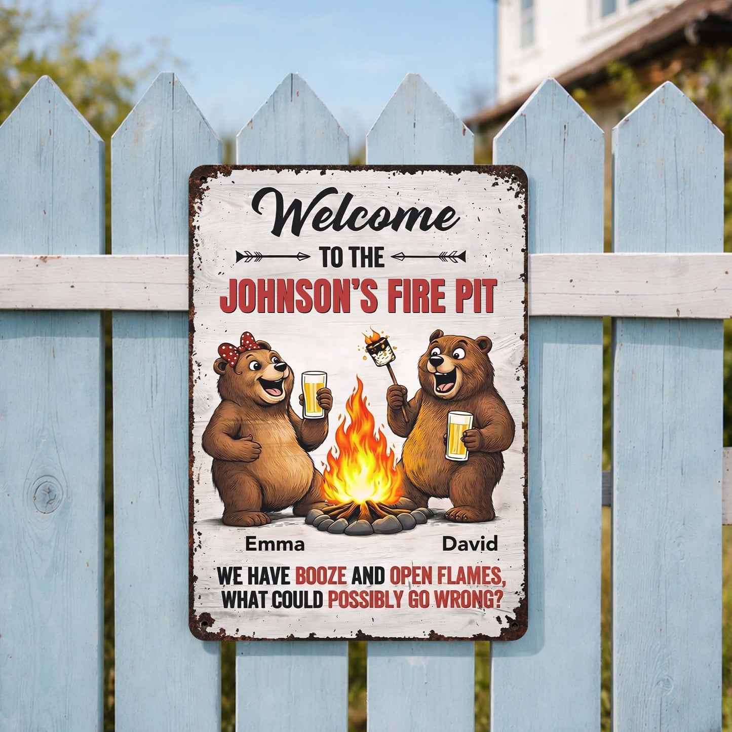 Welcome To Our Fire Pit Bears Booze And Open Flames - Personalized Metal Sign - CPL1435_MSIGN
