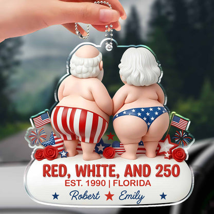 Red, White, And 250 Patriotic Couple In Stars And Stripes - Personalized Custom Acrylic Ornament, Car Hanging Ornament - CPL1442_ACA