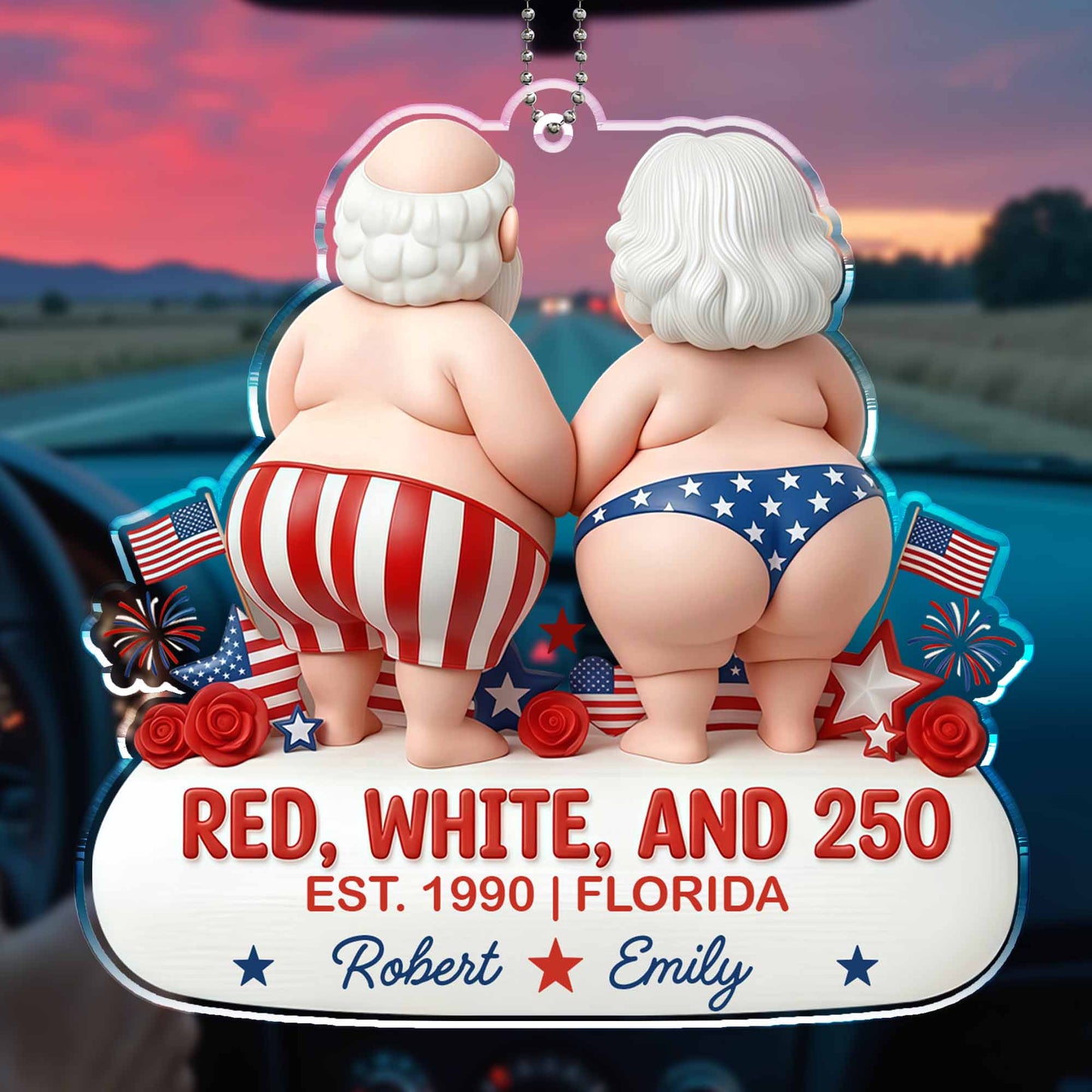 Red, White, And 250 Patriotic Couple In Stars And Stripes - Personalized Custom Acrylic Ornament, Car Hanging Ornament - CPL1442_ACA
