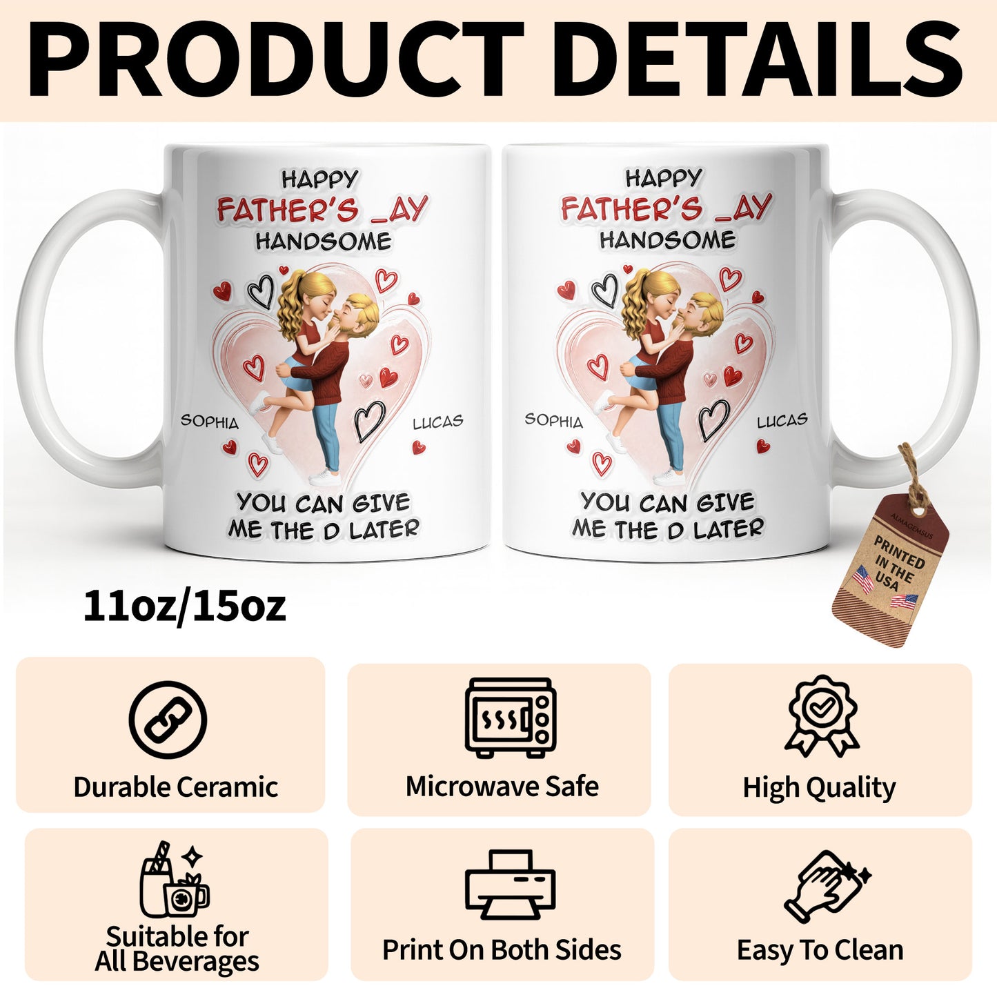 Happy Father's Day Handsome Couple Art Hearts Design - Personalized Custom Coffee Mug - CPL1464_MG