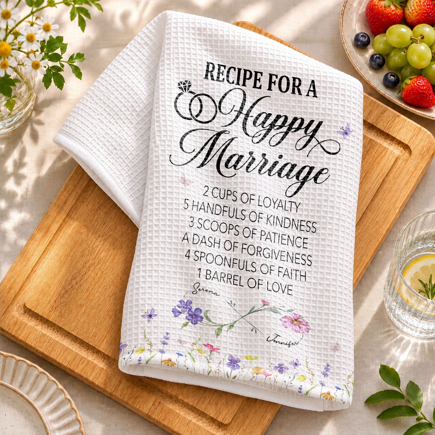 Recipe For A Happy Marriage With Wedding Rings And Wildflowers - Personalized Kitchen Towel - CPL1641_TOWL
