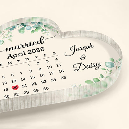 Married Custom Calendar With Greenery Eucalyptus And Flowers - Personalized Heart Shaped Acrylic Plaque - CPL1725_HAP