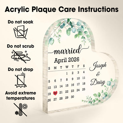 Married Custom Calendar With Greenery Eucalyptus And Flowers - Personalized Heart Shaped Acrylic Plaque - CPL1725_HAP