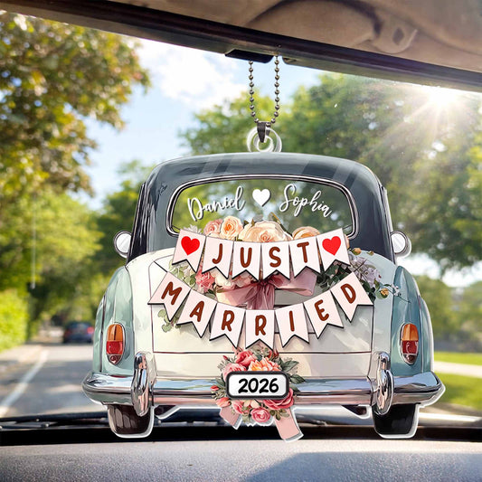 Just Married Vintage Car With Flowers And Hearts - Personalized Custom Acrylic Ornament, Car Hanging Ornament - CPL1744_ACA