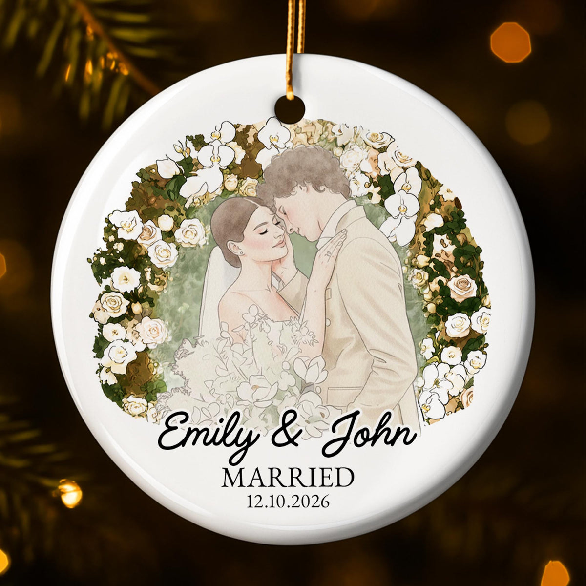 Married Couple With Floral Wreath And Wedding Illustration - Personalized Custom Ceramic Ornament With Round Shape - CPL1762_RCE