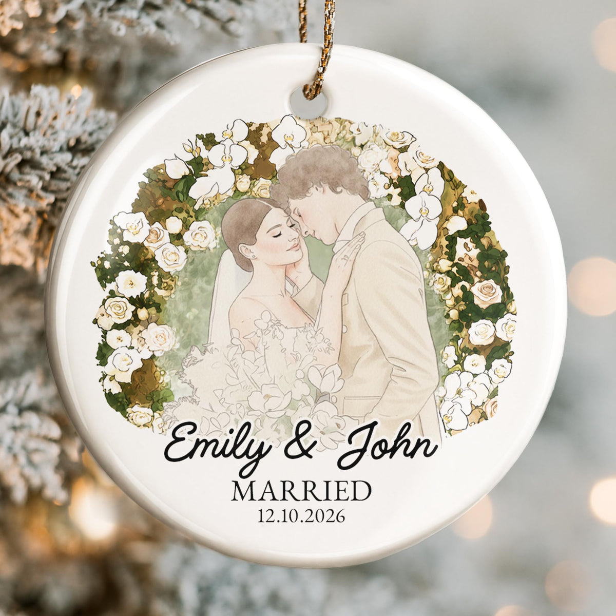 Married Couple With Floral Wreath And Wedding Illustration - Personalized Custom Ceramic Ornament With Round Shape - CPL1762_RCE
