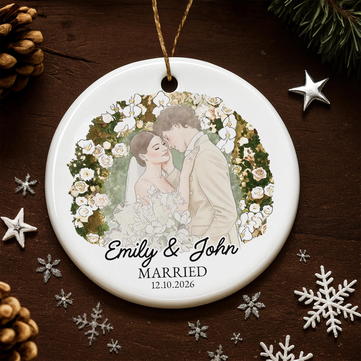 Married Couple With Floral Wreath And Wedding Illustration - Personalized Custom Ceramic Ornament With Round Shape - CPL1762_RCE