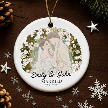 Married Couple With Floral Wreath And Wedding Illustration - Personalized Custom Ceramic Ornament With Round Shape - CPL1762_RCE
