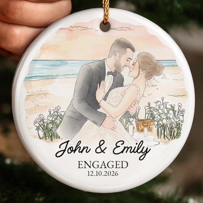 Married Couple With Floral Wreath And Wedding Illustration - Personalized Custom Ceramic Ornament With Round Shape - CPL1762_RCE