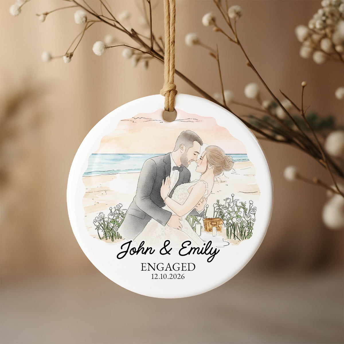 Married Couple With Floral Wreath And Wedding Illustration - Personalized Custom Ceramic Ornament With Round Shape - CPL1762_RCE
