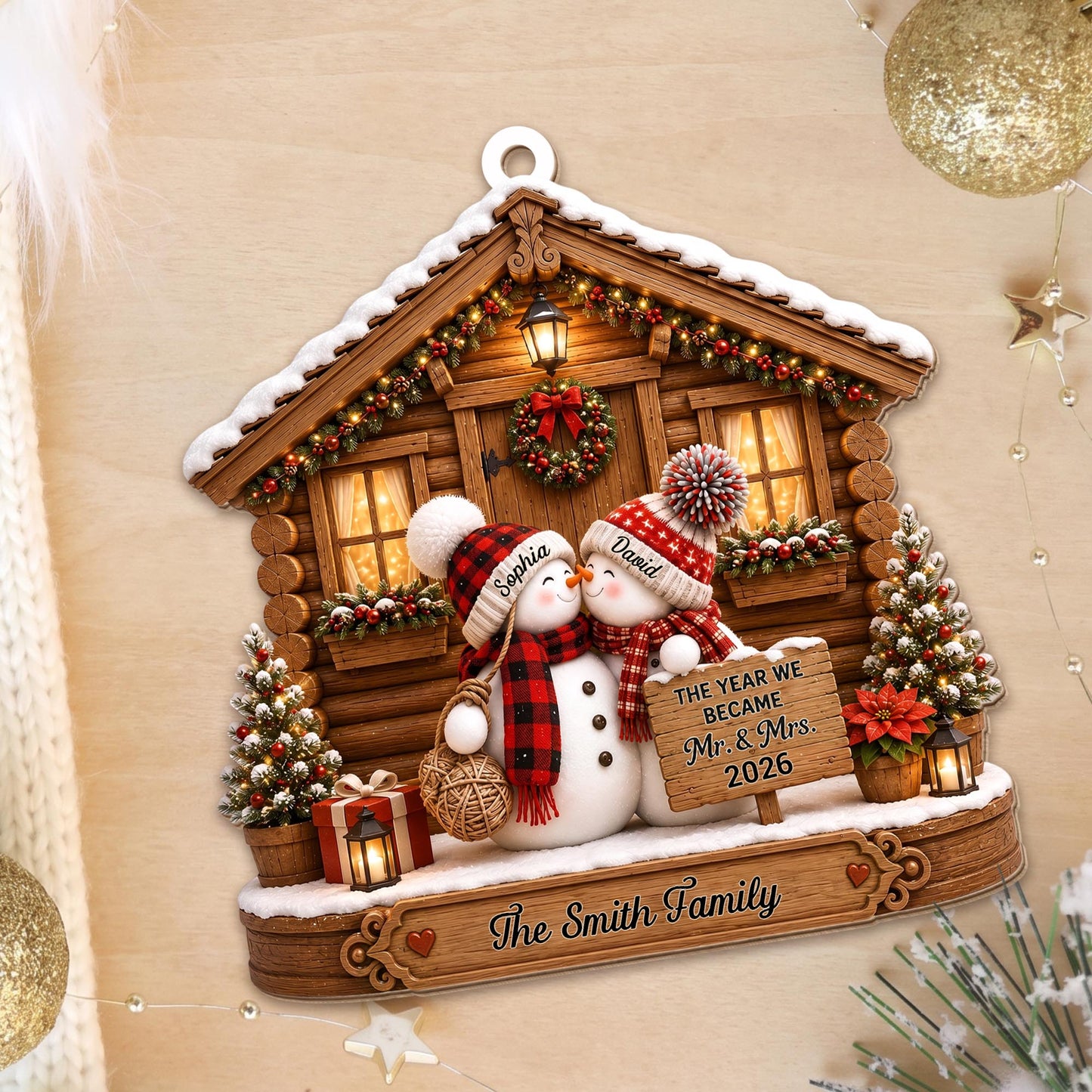 The Year We Became Mr And Mrs Snowman Couple Log Cabin - Personalized Custom Wood Ornament, Custom Shaped - CPL1773_WDO