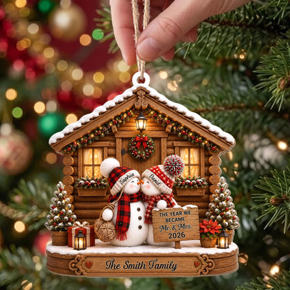 The Year We Became Mr And Mrs Snowman Couple Log Cabin - Personalized Custom Wood Ornament, Custom Shaped - CPL1773_WDO