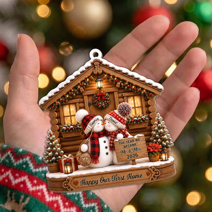 The Year We Became Mr And Mrs Snowman Couple Log Cabin - Personalized Custom Wood Ornament, Custom Shaped - CPL1773_WDO