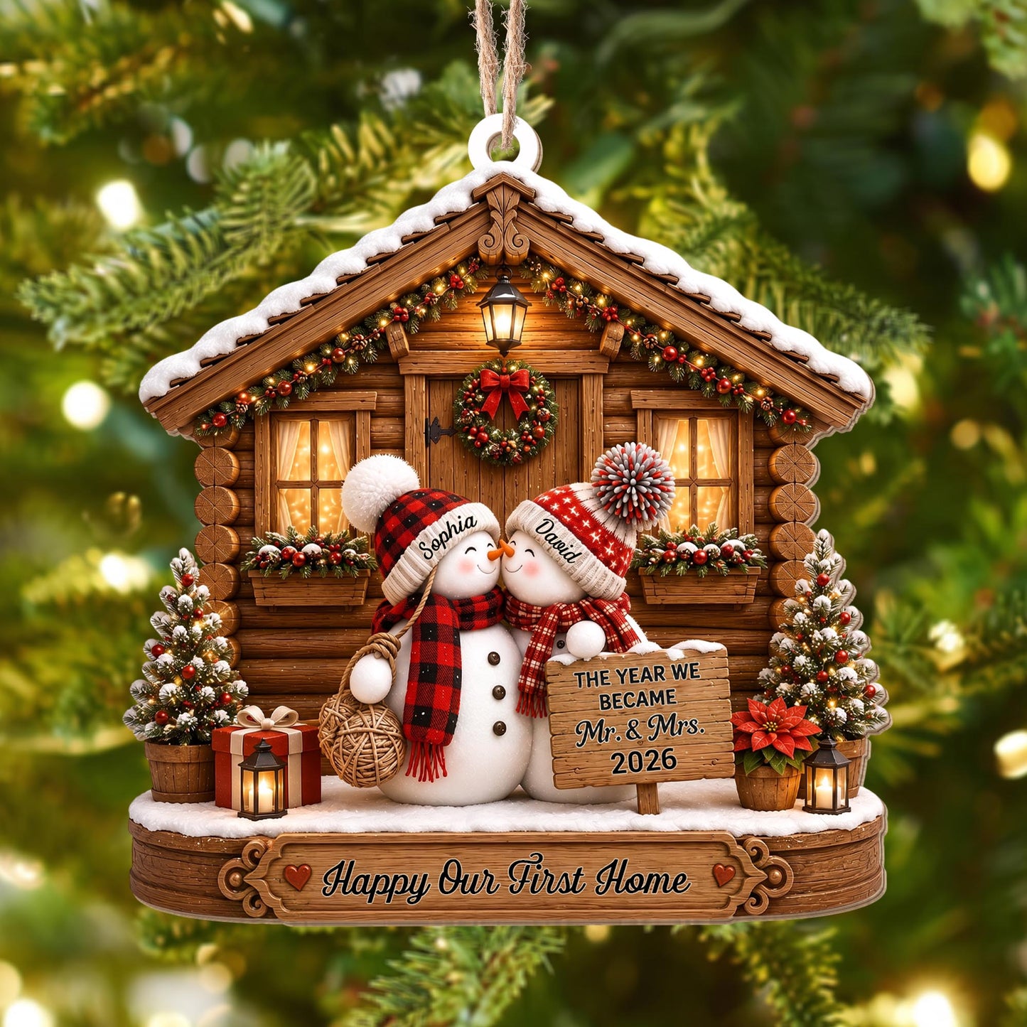 The Year We Became Mr And Mrs Snowman Couple Log Cabin - Personalized Custom Wood Ornament, Custom Shaped - CPL1773_WDO