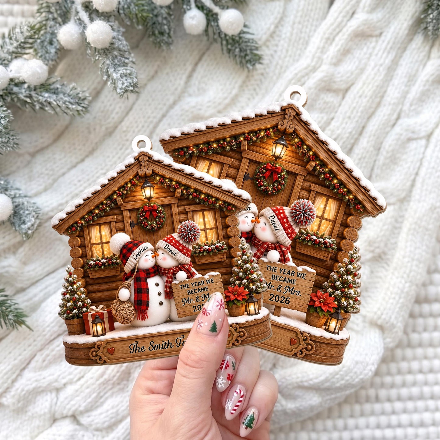 The Year We Became Mr And Mrs Snowman Couple Log Cabin - Personalized Custom Wood Ornament, Custom Shaped - CPL1773_WDO