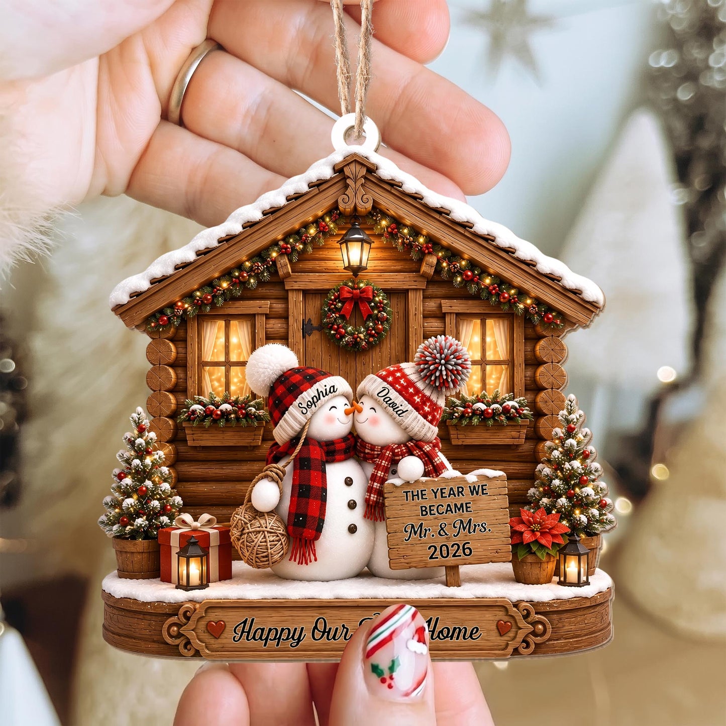 The Year We Became Mr And Mrs Snowman Couple Log Cabin - Personalized Custom Wood Ornament, Custom Shaped - CPL1773_WDO