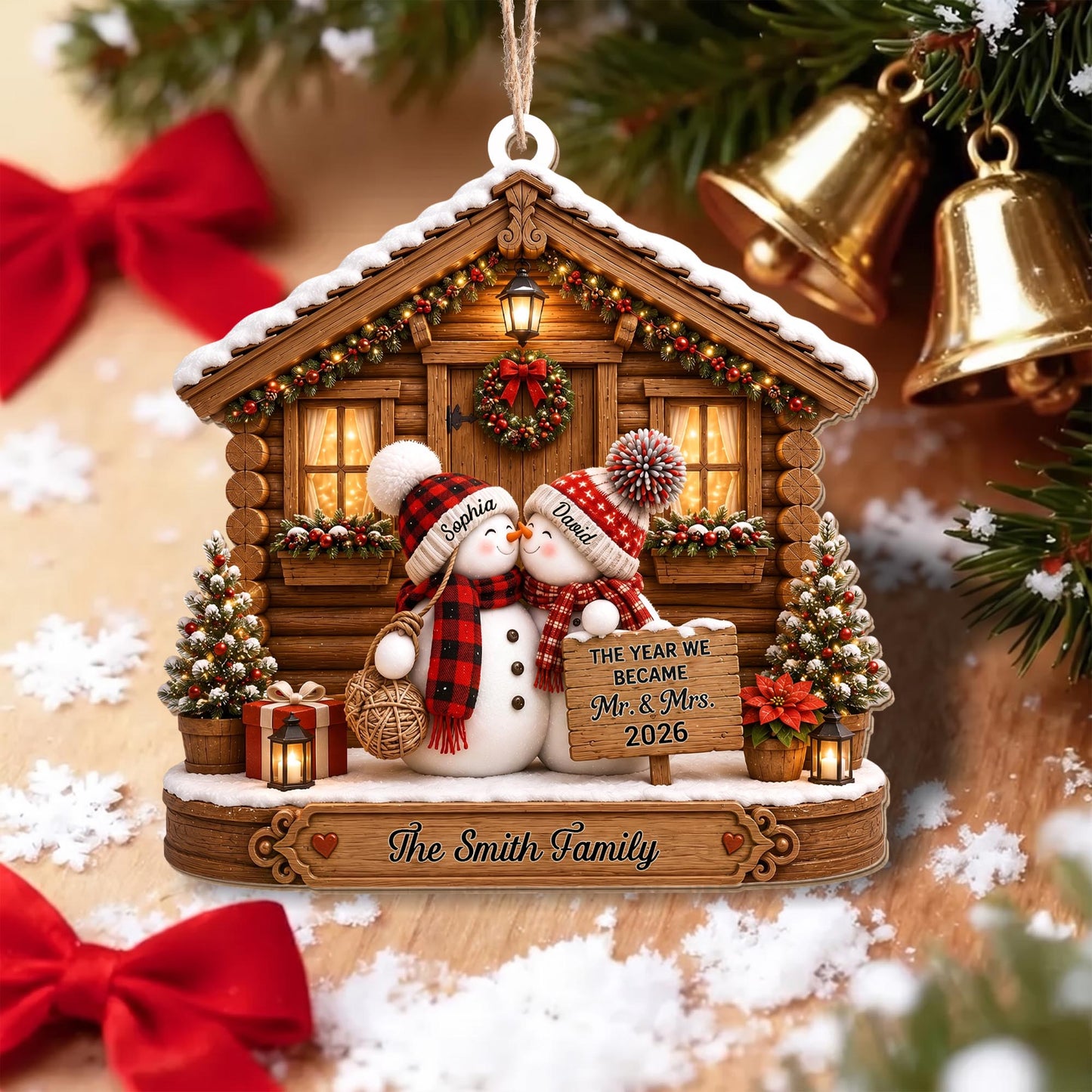 The Year We Became Mr And Mrs Snowman Couple Log Cabin - Personalized Custom Wood Ornament, Custom Shaped - CPL1773_WDO