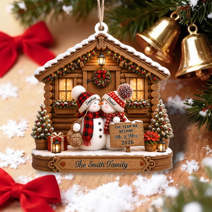 The Year We Became Mr And Mrs Snowman Couple Log Cabin - Personalized Custom Wood Ornament, Custom Shaped - CPL1773_WDO