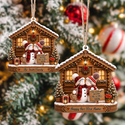 The Year We Became Mr And Mrs Snowman Couple Log Cabin - Personalized Custom Wood Ornament, Custom Shaped - CPL1773_WDO