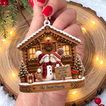 The Year We Became Mr And Mrs Snowman Couple Log Cabin - Personalized Custom Wood Ornament, Custom Shaped - CPL1773_WDO
