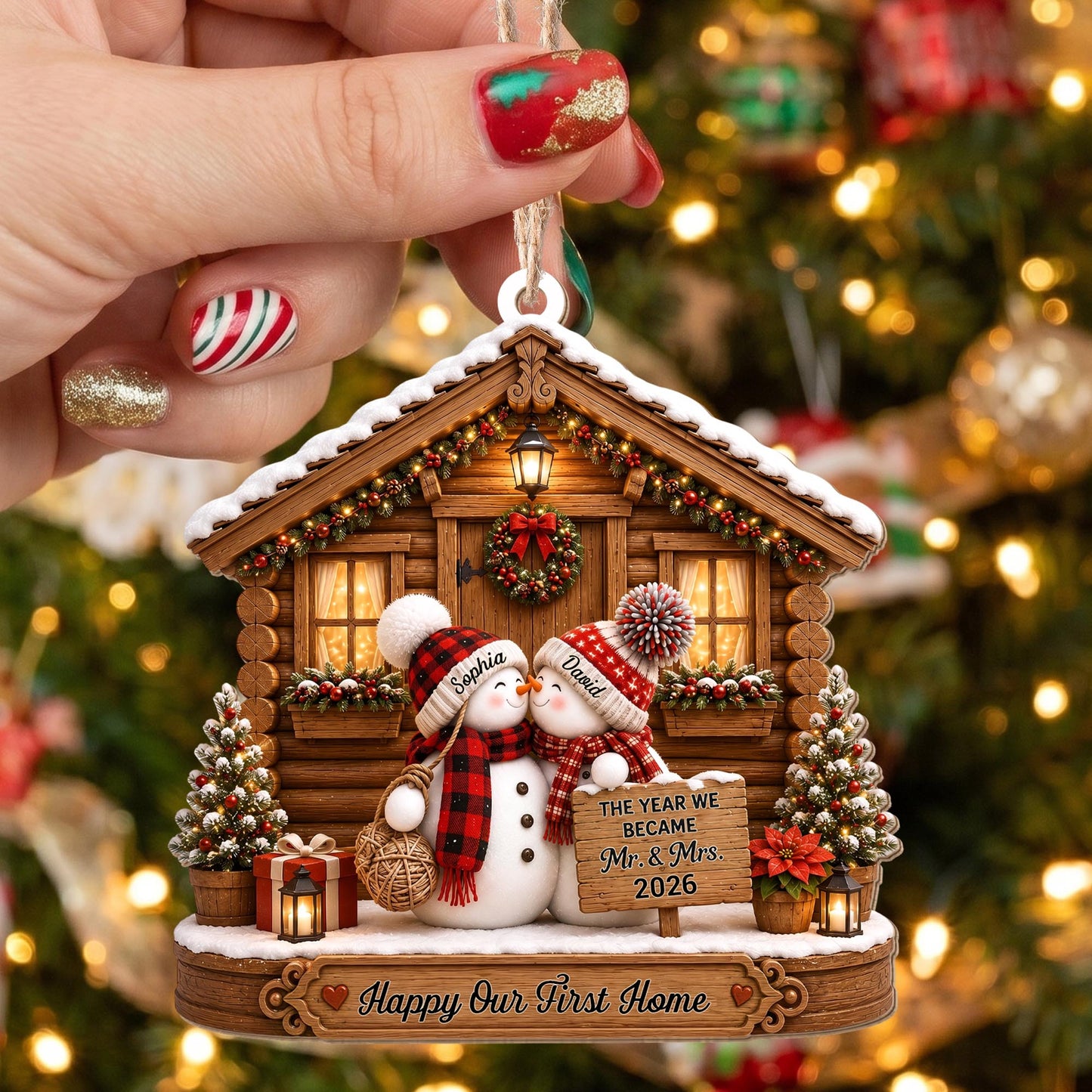 The Year We Became Mr And Mrs Snowman Couple Log Cabin - Personalized Custom Wood Ornament, Custom Shaped - CPL1773_WDO