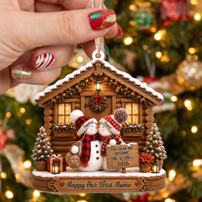 The Year We Became Mr And Mrs Snowman Couple Log Cabin - Personalized Custom Wood Ornament, Custom Shaped - CPL1773_WDO