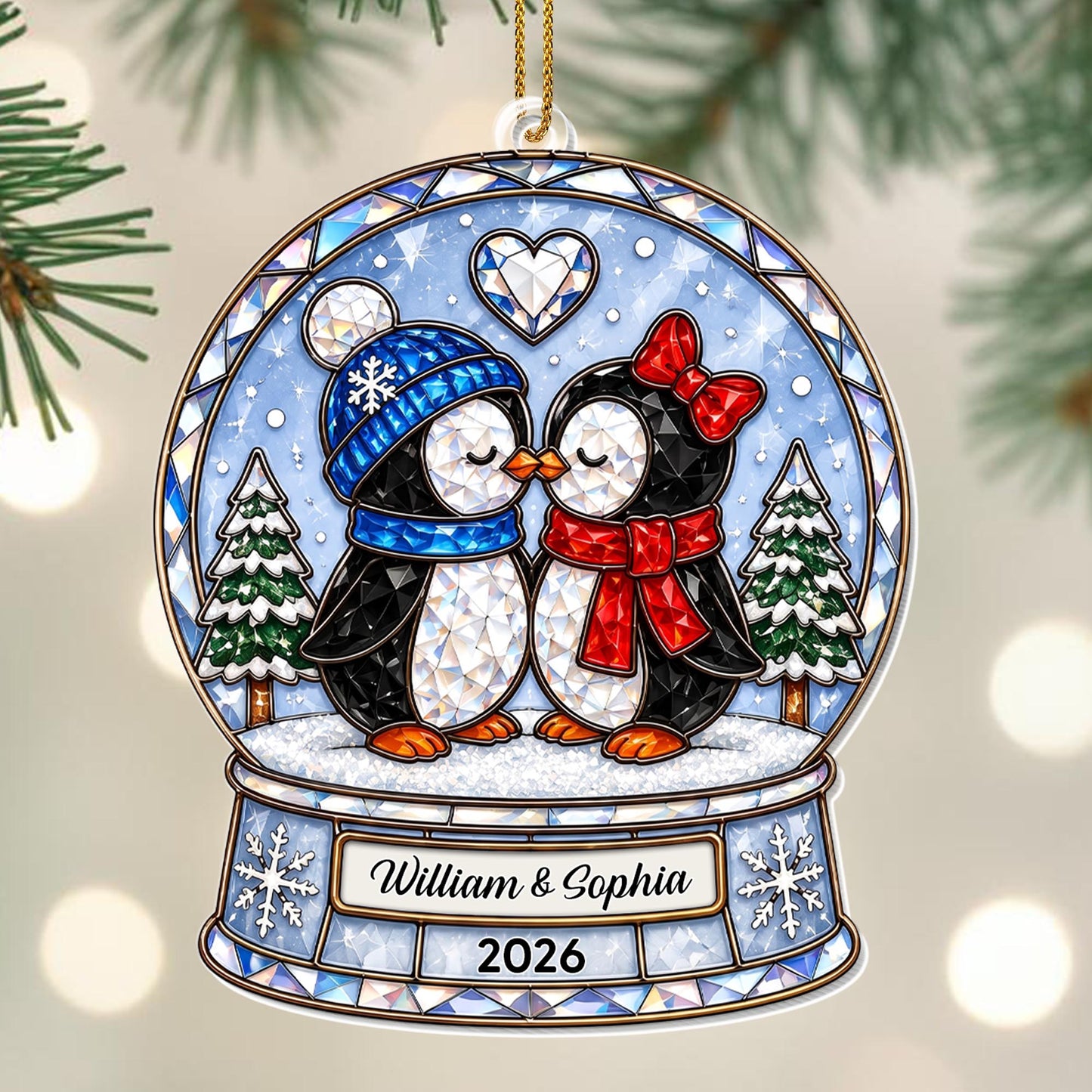 Our First Christmas As A Couple Penguins Snow Globe And Heart - Personalized Custom Acrylic Ornament, Christmas Gift - CPL1774_ACO