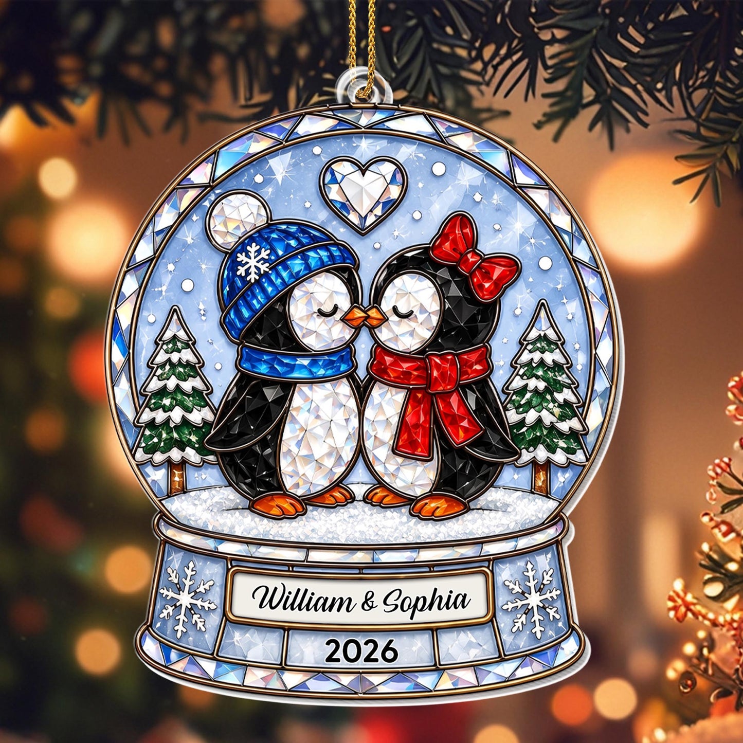 Our First Christmas As A Couple Penguins Snow Globe And Heart - Personalized Custom Acrylic Ornament, Christmas Gift - CPL1774_ACO