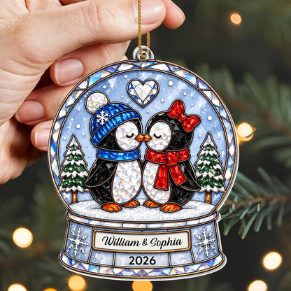 Our First Christmas As A Couple Penguins Snow Globe And Heart - Personalized Custom Acrylic Ornament, Christmas Gift - CPL1774_ACO