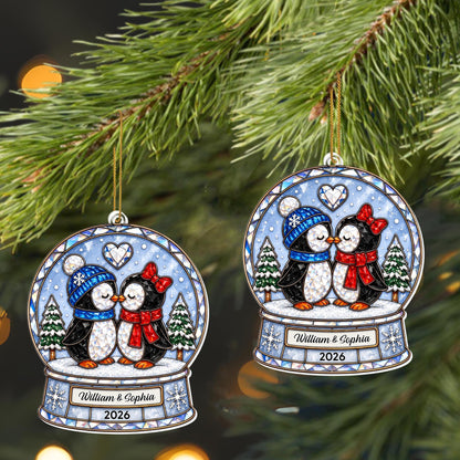 Our First Christmas As A Couple Penguins Snow Globe And Heart - Personalized Custom Acrylic Ornament, Christmas Gift - CPL1774_ACO