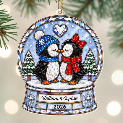Our First Christmas As A Couple Penguins Snow Globe And Heart - Personalized Custom Acrylic Ornament, Christmas Gift - CPL1774_ACO