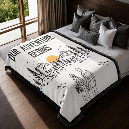 Our Adventure Begins Mountain Landscape Couple - Personalized Woven Blanket - CPL1799_WOBLK