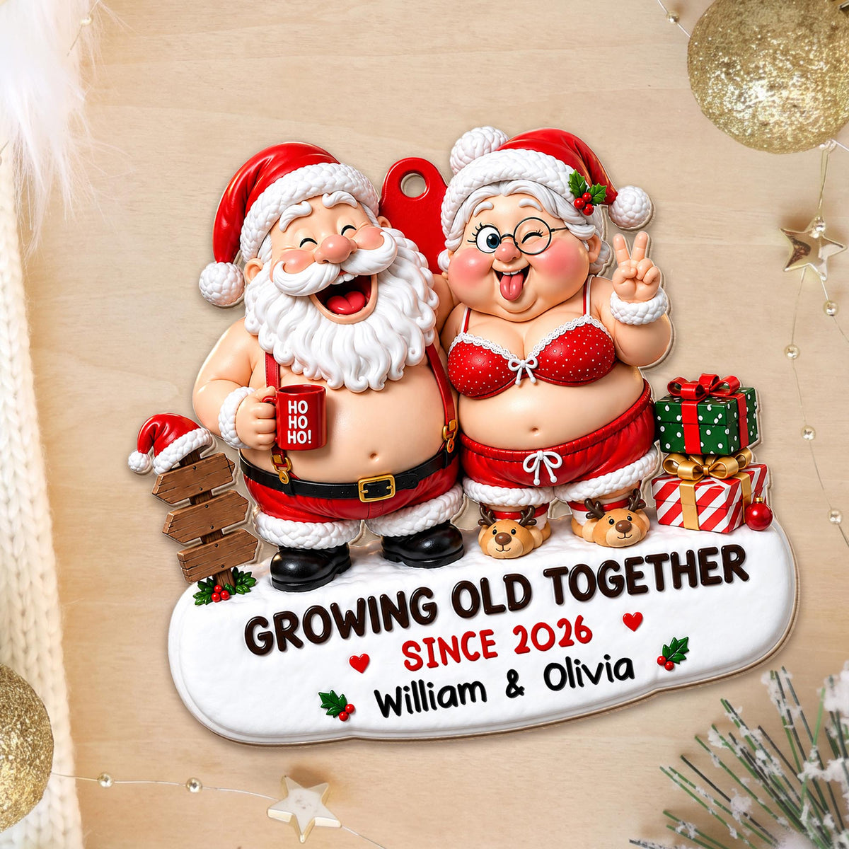 Growing Old Together Since Santa And Mrs Claus With Gifts - Personalized Custom Wood Ornament, Custom Shaped - CPL1907_WDO