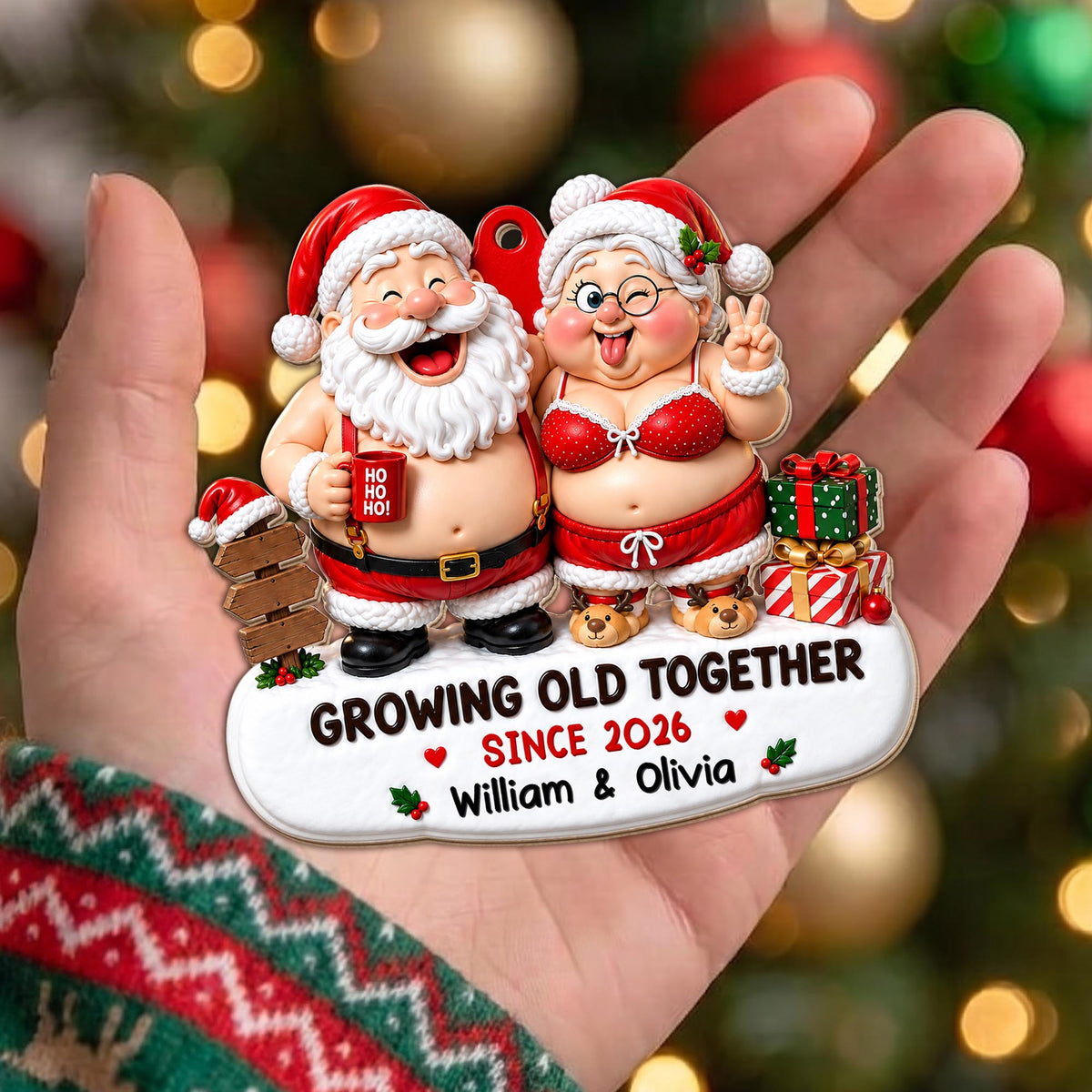 Growing Old Together Since Santa And Mrs Claus With Gifts - Personalized Custom Wood Ornament, Custom Shaped - CPL1907_WDO