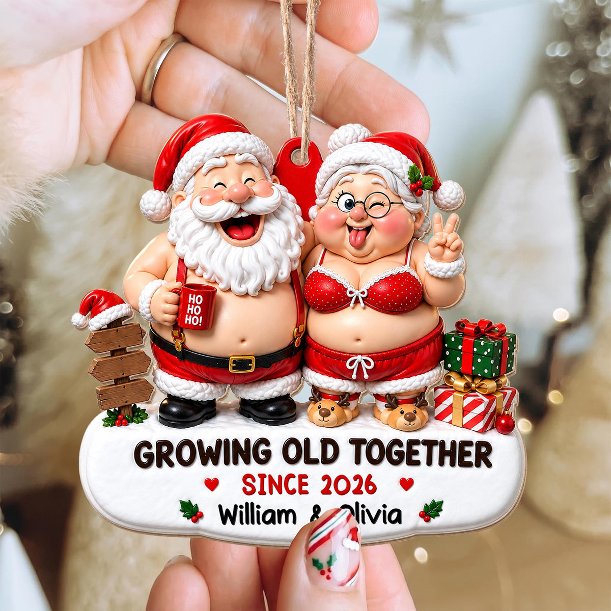 Growing Old Together Since Santa And Mrs Claus With Gifts - Personalized Custom Wood Ornament, Custom Shaped - CPL1907_WDO