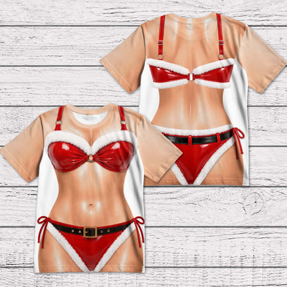 Funny Christmas Hairy Torso And Santa Bikini Couple Outfits - Personalized Custom Unisex All-Over Printed T-Shirt - CPL1910_3T