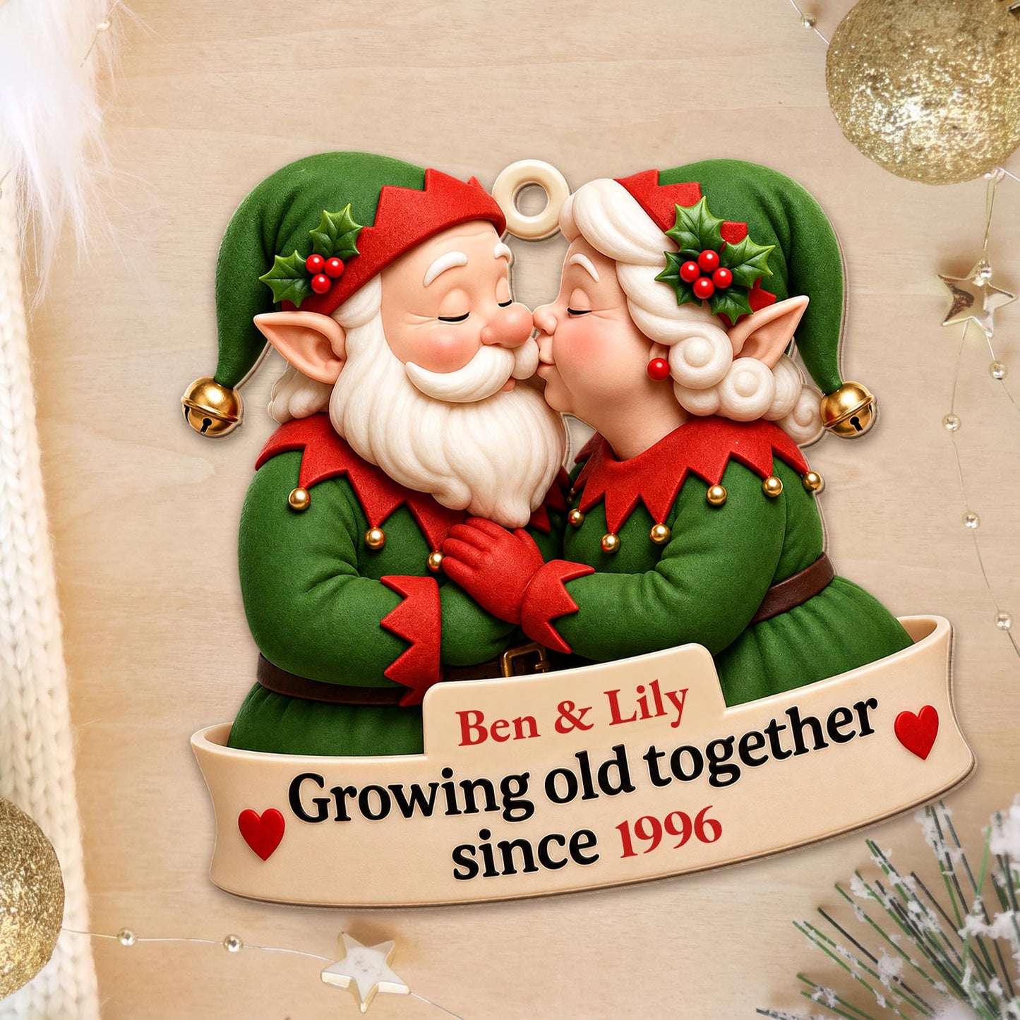 Growing Old Together Kissing Elf Couple With Hearts Ornament - Personalized Custom Wood Ornament, Custom Shaped - CPL1918_WDO