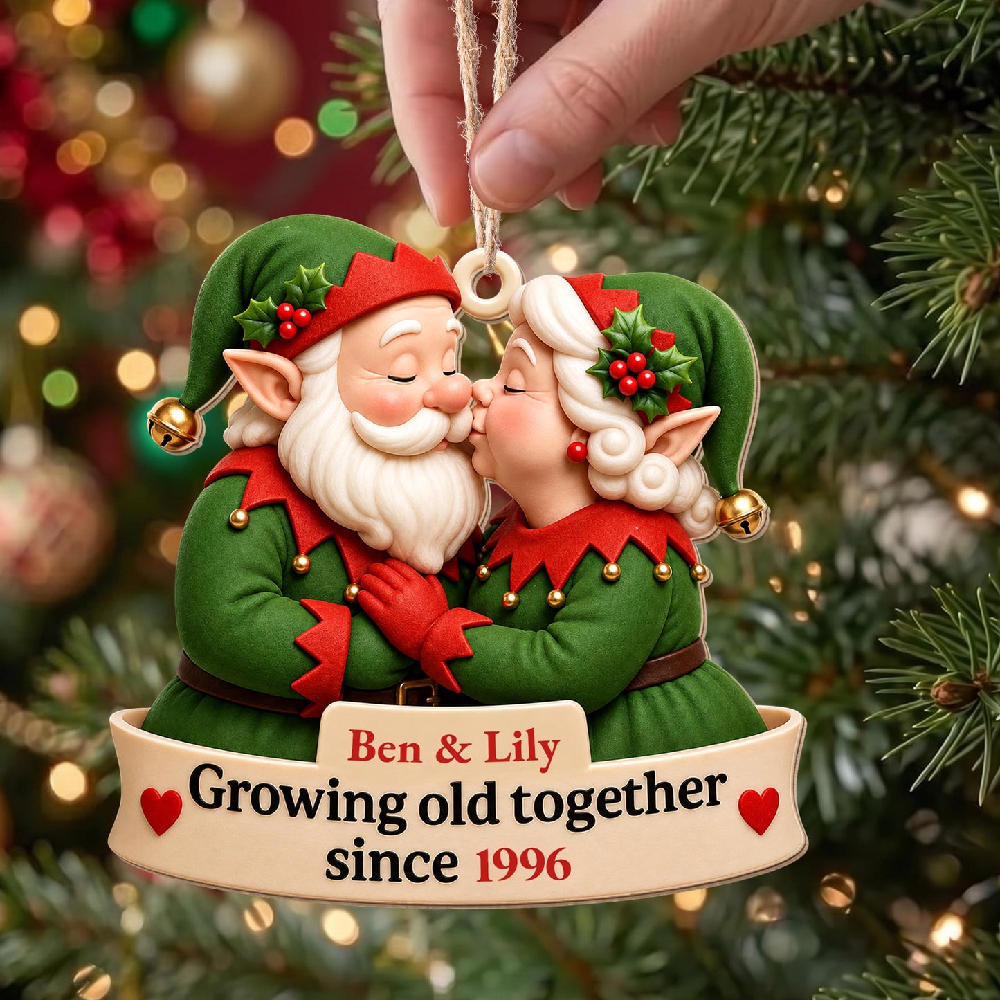 Growing Old Together Kissing Elf Couple With Hearts Ornament - Personalized Custom Wood Ornament, Custom Shaped - CPL1918_WDO
